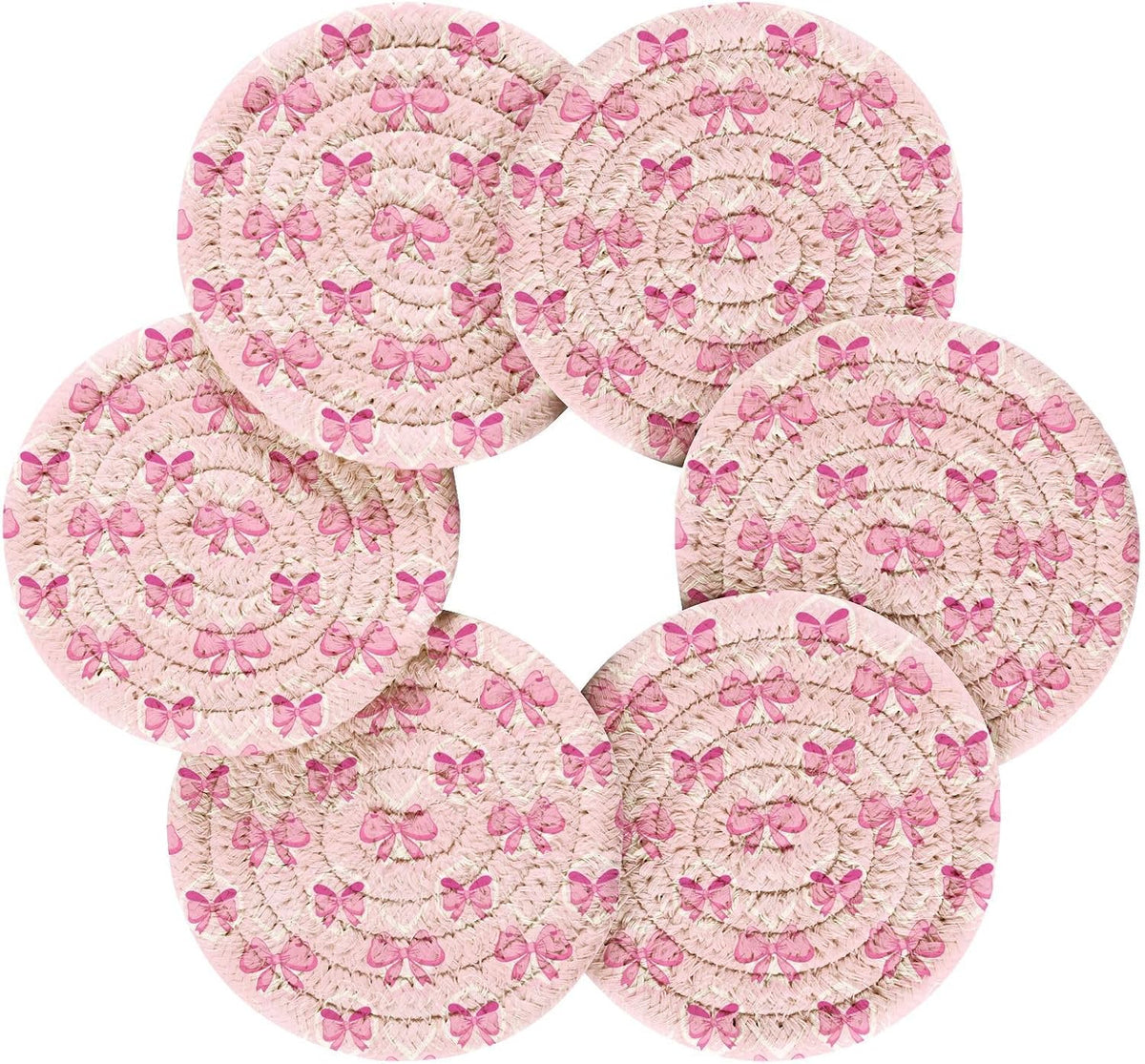 Light Pink Bows Drink Coasters Set - 6 Pcs Woven Coasters with Holder for Home Decor, 3.94 Inch