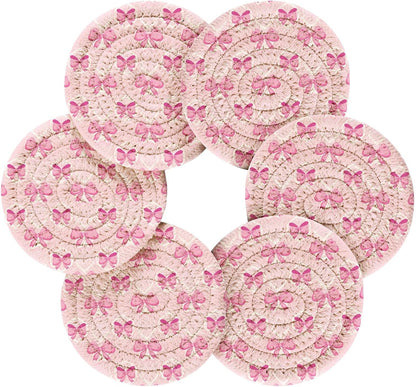 Light Pink Bows Drink Coasters Set - 6 Pcs Woven Coasters with Holder for Home Decor, 3.94 Inch