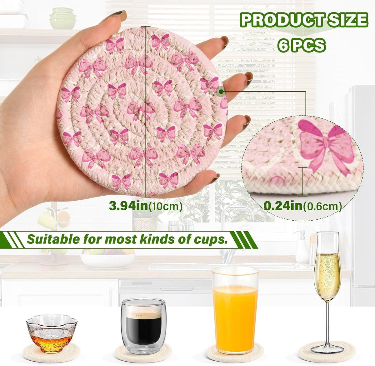 Light Pink Bows Drink Coasters Set - 6 Pcs Woven Coasters with Holder for Home Decor, 3.94 Inch