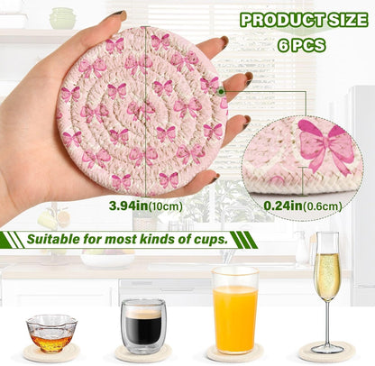 Light Pink Bows Drink Coasters Set - 6 Pcs Woven Coasters with Holder for Home Decor, 3.94 Inch