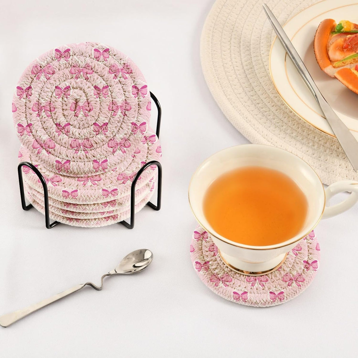Light Pink Bows Drink Coasters Set - 6 Pcs Woven Coasters with Holder for Home Decor, 3.94 Inch