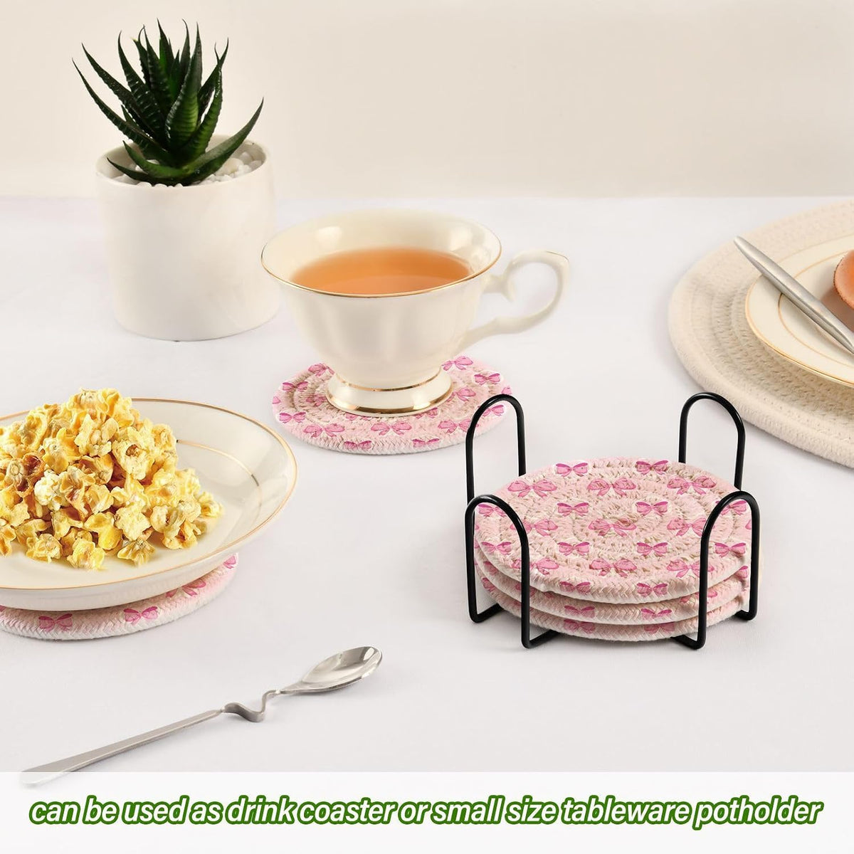 Light Pink Bows Drink Coasters Set - 6 Pcs Woven Coasters with Holder for Home Decor, 3.94 Inch