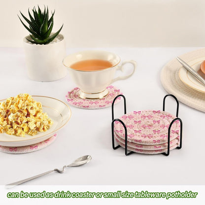 Light Pink Bows Drink Coasters Set - 6 Pcs Woven Coasters with Holder for Home Decor, 3.94 Inch