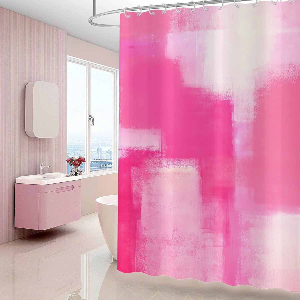 Hot Pink Shower Curtain, Watercolor Pink Contemporary Brush Strokes Oil Painting Abstract Bathroom Curtain Waterproof Fabric Machine Washable with 12 Hooks