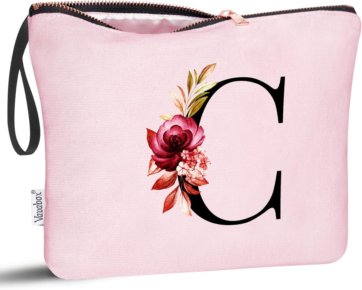 A-Z Personalized Makeup Bag, Birthday Gifts for Women Mom, Gifts for Best Friend, Bride Bridesmaid Cosmetic bag (C, 06-Pink)