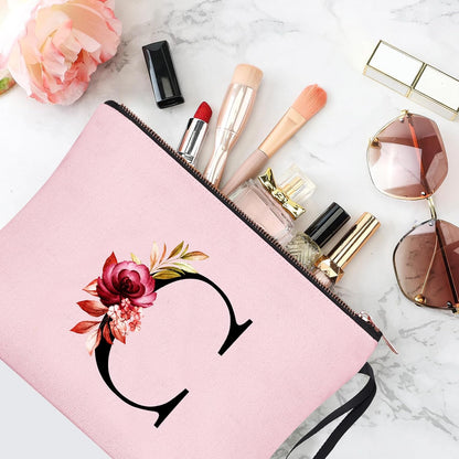 A-Z Personalized Makeup Bag, Birthday Gifts for Women Mom, Gifts for Best Friend, Bride Bridesmaid Cosmetic bag (C, 06-Pink)
