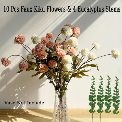 10pcs Faux White & Pink Kiku Flowers, 5 Heads Each Stem & 4 Branches Eucalyptus Stems, Artificial Small Mini Chrysanthemum Flowers for Aesthetic Room Decor, Floral Arrangements Centerpiece