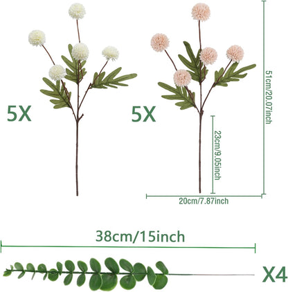 10pcs Faux White & Pink Kiku Flowers, 5 Heads Each Stem & 4 Branches Eucalyptus Stems, Artificial Small Mini Chrysanthemum Flowers for Aesthetic Room Decor, Floral Arrangements Centerpiece