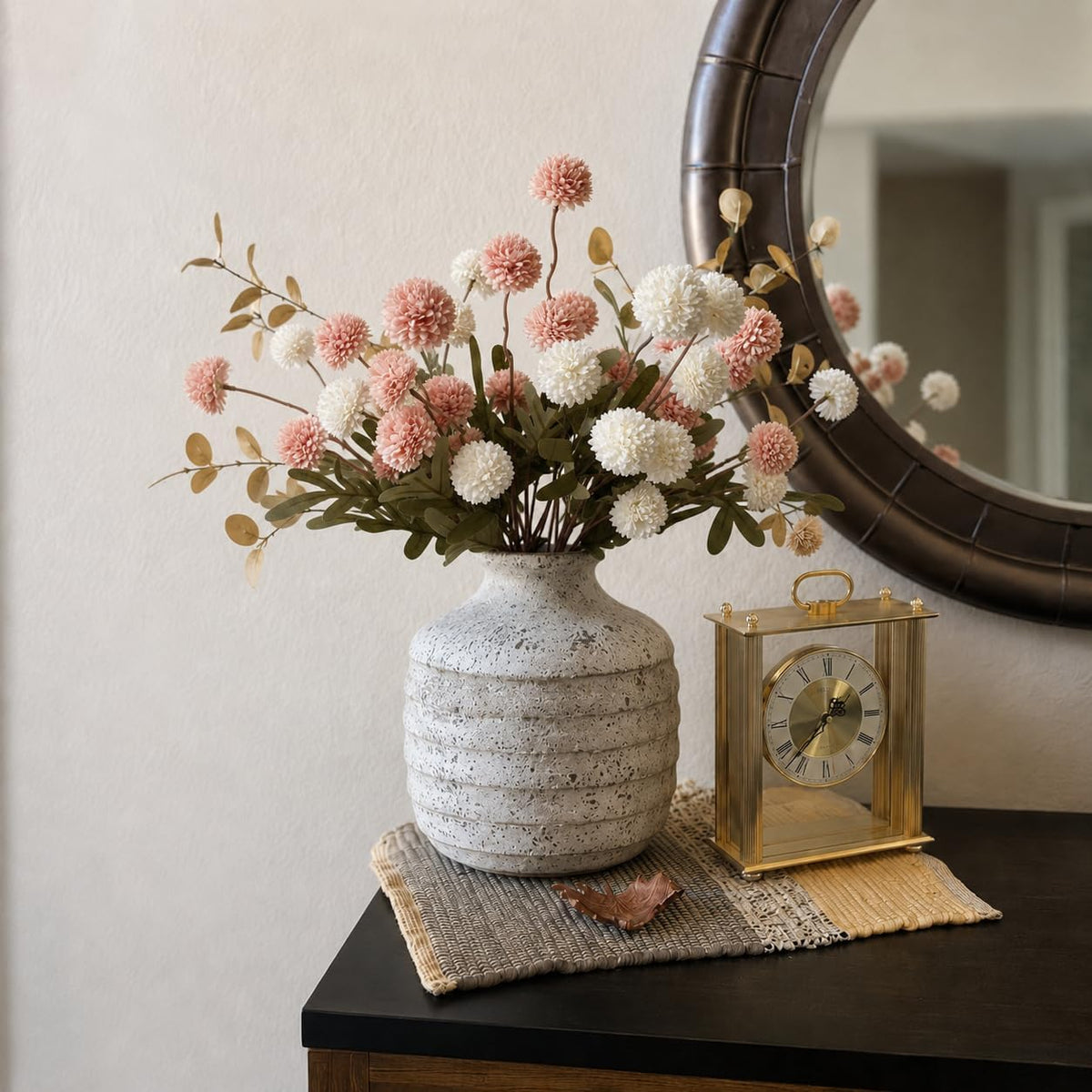 10pcs Faux White & Pink Kiku Flowers, 5 Heads Each Stem & 4 Branches Eucalyptus Stems, Artificial Small Mini Chrysanthemum Flowers for Aesthetic Room Decor, Floral Arrangements Centerpiece