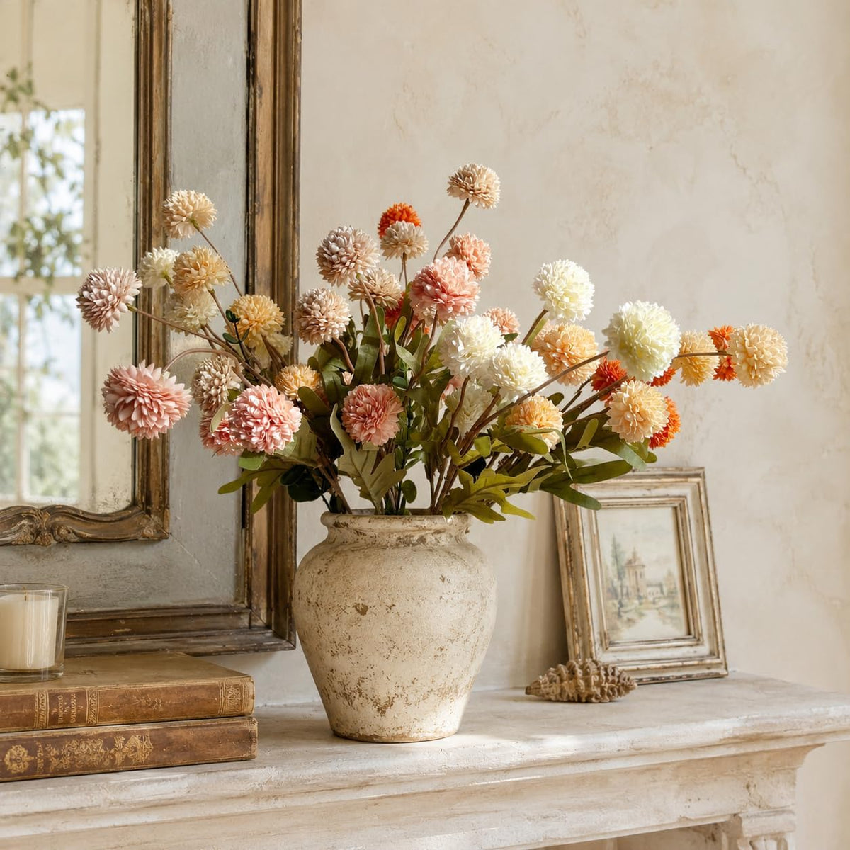 10pcs Faux White & Pink Kiku Flowers, 5 Heads Each Stem & 4 Branches Eucalyptus Stems, Artificial Small Mini Chrysanthemum Flowers for Aesthetic Room Decor, Floral Arrangements Centerpiece