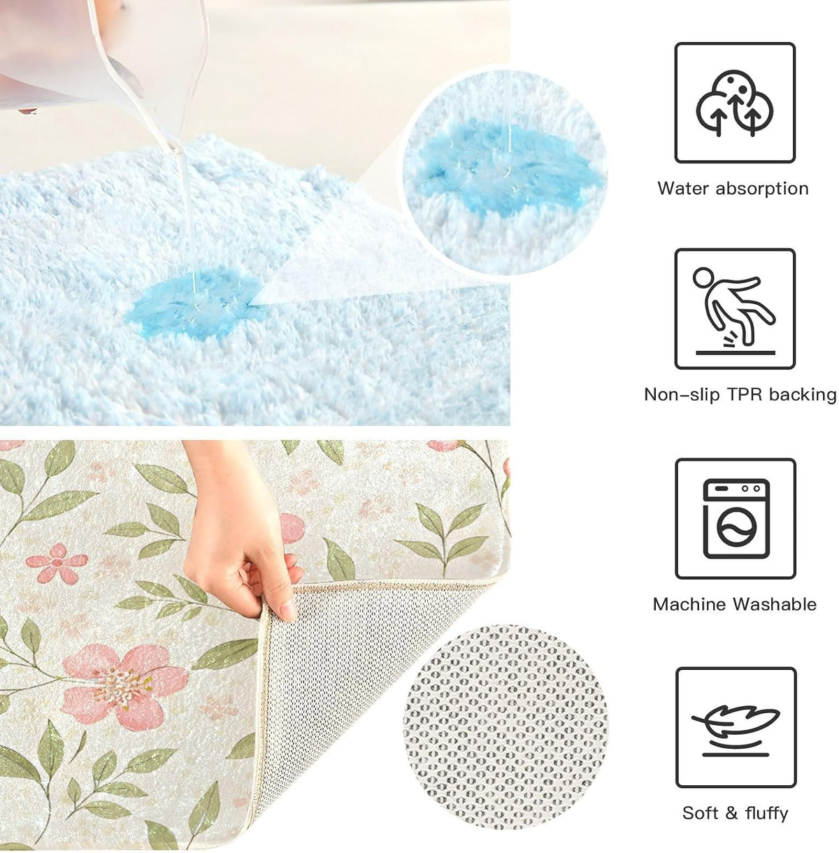 Watercolor Flowers Pink Bathroom Mat Rug 24" x 16" Non Slip Super Absorbent Quick Dry Bath Mats for Bathtub Fluffy Rugs