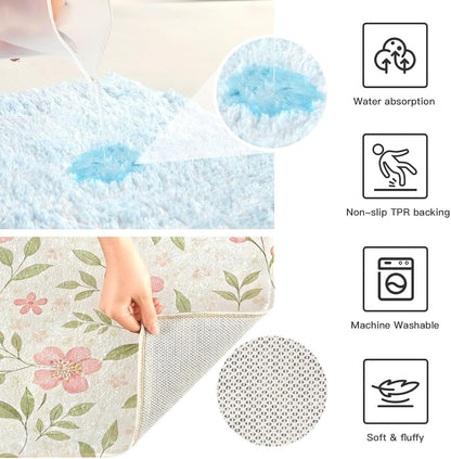 Watercolor Flowers Pink Bathroom Mat Rug 24" x 16" Non Slip Super Absorbent Quick Dry Bath Mats for Bathtub Fluffy Rugs