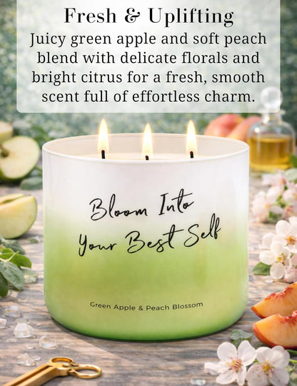 Green Apple Peach Blossom Large 3-Wick Scented Soy Candle for Home, 15.8 Oz