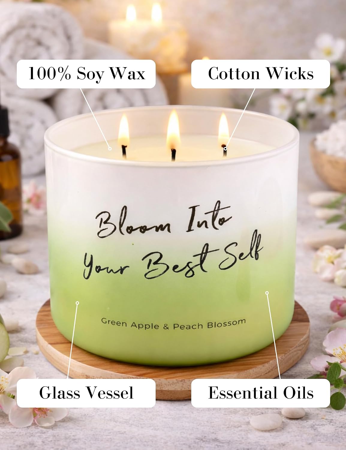 Green Apple Peach Blossom Large 3-Wick Scented Soy Candle for Home, 15.8 Oz