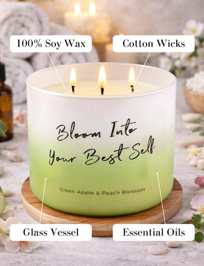 Green Apple Peach Blossom Large 3-Wick Scented Soy Candle for Home, 15.8 Oz