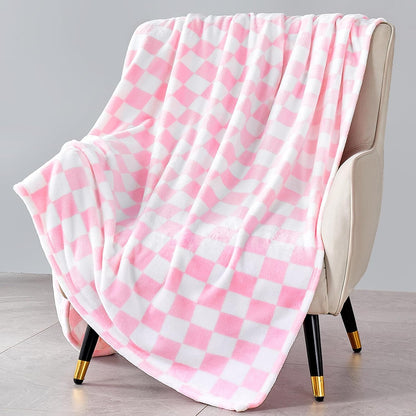 Pink Checkered Fleece Throw Blanket for Couch Warm Home Decor