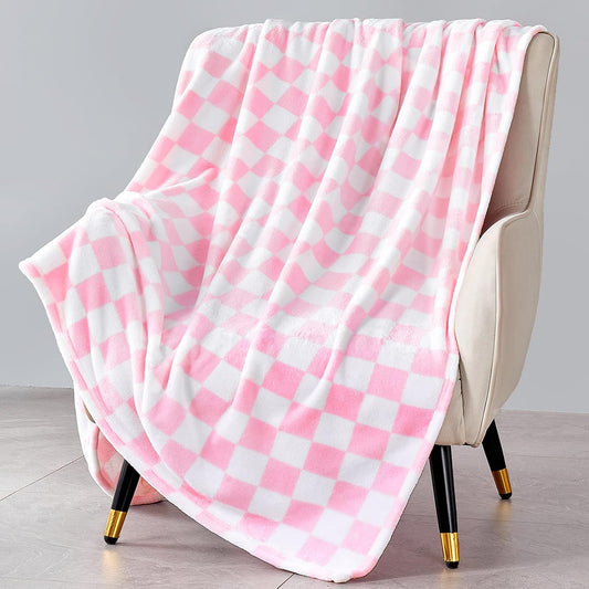 Pink Checkered Fleece Throw Blanket for Couch Warm Home Decor