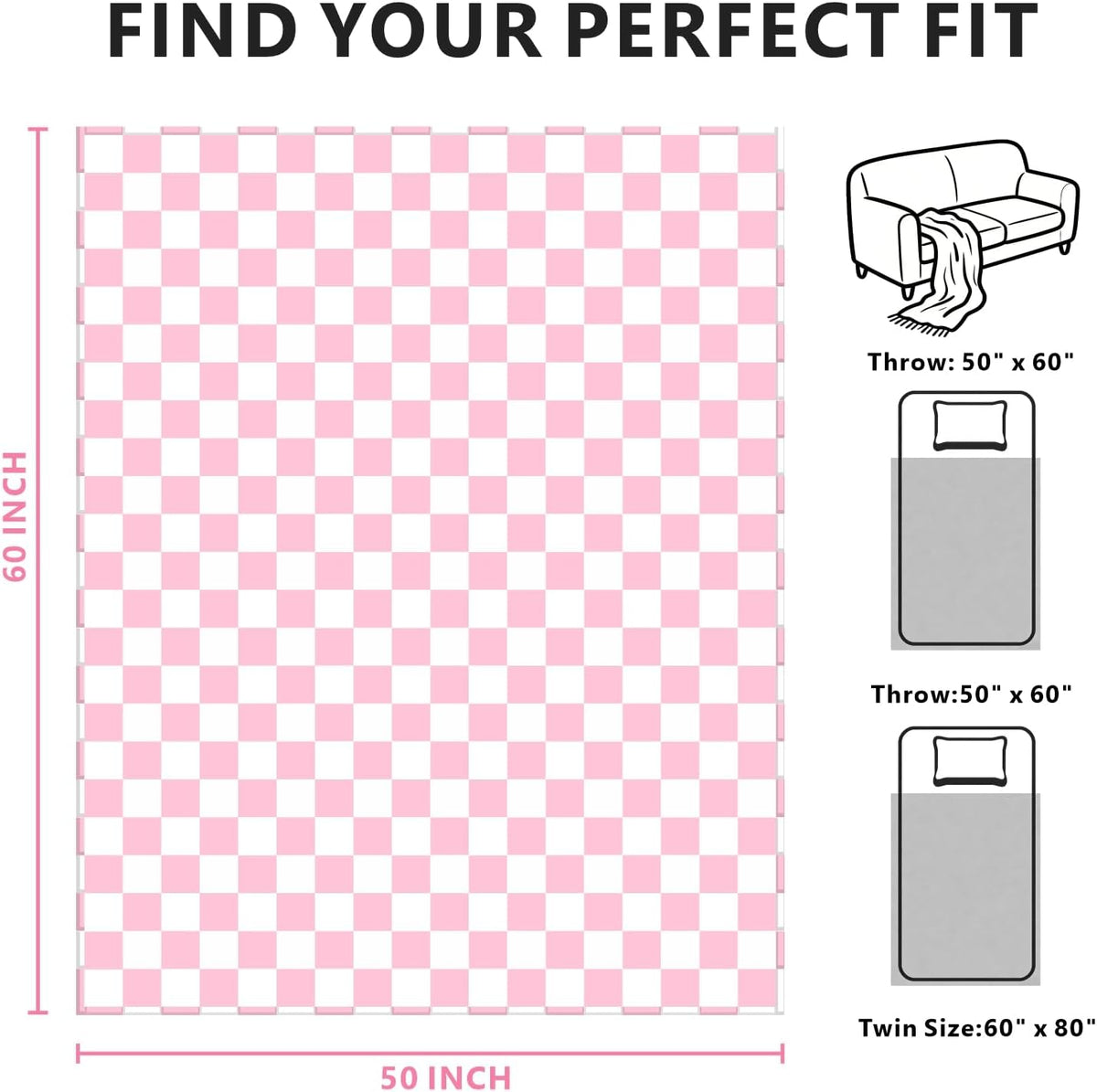 Pink Checkered Fleece Throw Blanket for Couch Warm Home Decor