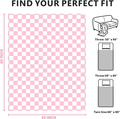 Pink Checkered Fleece Throw Blanket for Couch Warm Home Decor