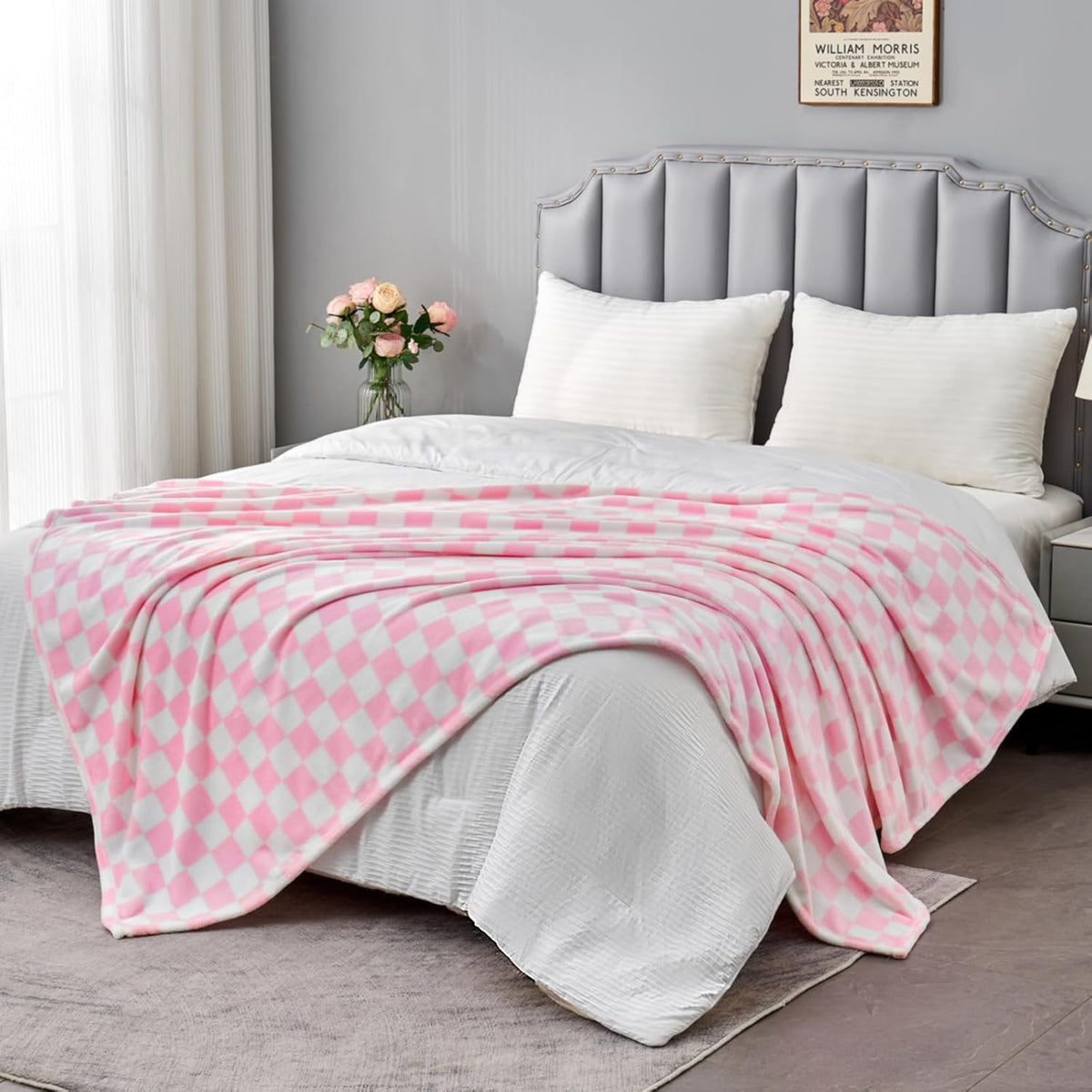 Pink Checkered Fleece Throw Blanket for Couch Warm Home Decor