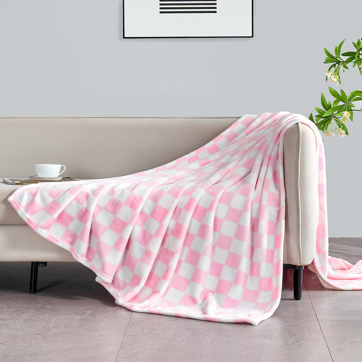 Pink Checkered Fleece Throw Blanket for Couch Warm Home Decor