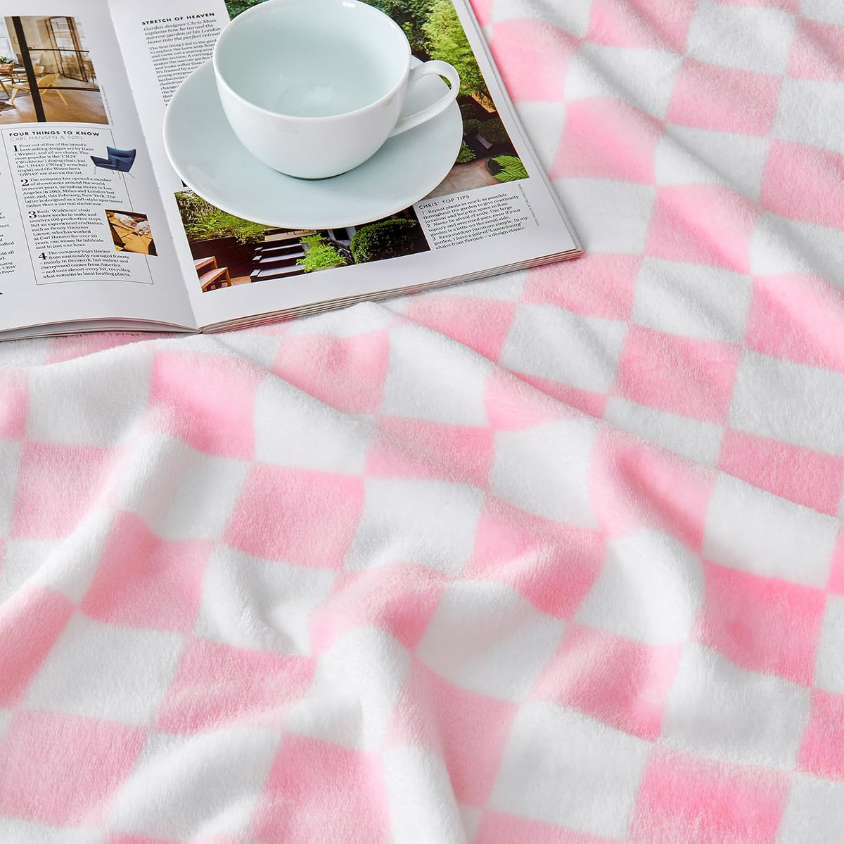 Pink Checkered Fleece Throw Blanket for Couch Warm Home Decor