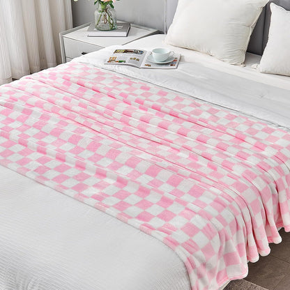 Pink Checkered Fleece Throw Blanket for Couch Warm Home Decor