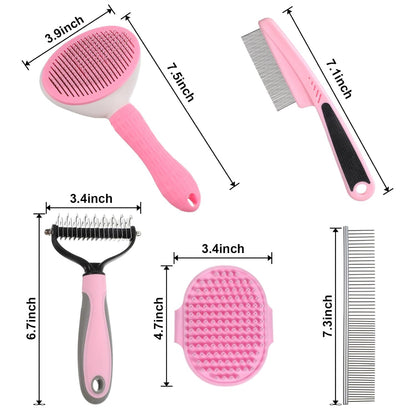 6PCS Dog Grooming Kit, Pet Grooming Kit, Deshedding Brush for Short Hair, Slicker Brush, Flea Comb, Puppy Brush Set in Pink for Dogs, Cats