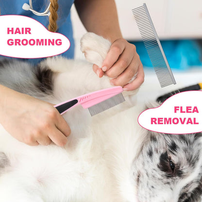 6PCS Dog Grooming Kit, Pet Grooming Kit, Deshedding Brush for Short Hair, Slicker Brush, Flea Comb, Puppy Brush Set in Pink for Dogs, Cats