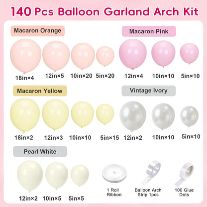 Pink Pastel Balloon Arch Kit, 140Pcs Pink Yellow Ivory Balloons for Baby Shower Gender Reveal Birthday Wedding Bridal Shower Party Decorations
