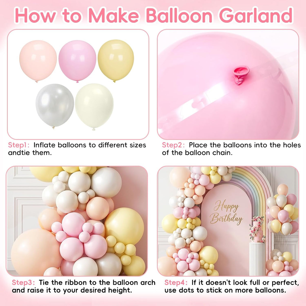 Pink Pastel Balloon Arch Kit, 140Pcs Pink Yellow Ivory Balloons for Baby Shower Gender Reveal Birthday Wedding Bridal Shower Party Decorations