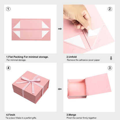 Pink Gift Boxes with Lids Pack of 1, 6x6x3 Inches Small Gift Box with Ribbon, Collapsible Gift Boxes with Magnetic Closure for Presents, Bridesmaid Proposal Box for Family Mom Girlfriend