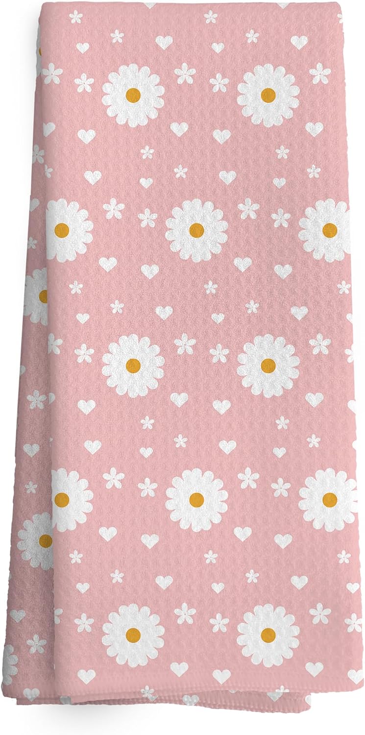 Pink Daisy Kitchen Towels Dish Towel 16x24 Inches, Floral Kitchen Towels, Boho Daisy Flower Spring Floral Decorative Absorbent Dishcloths Tea Towels for Kitchen Bathroom Decor