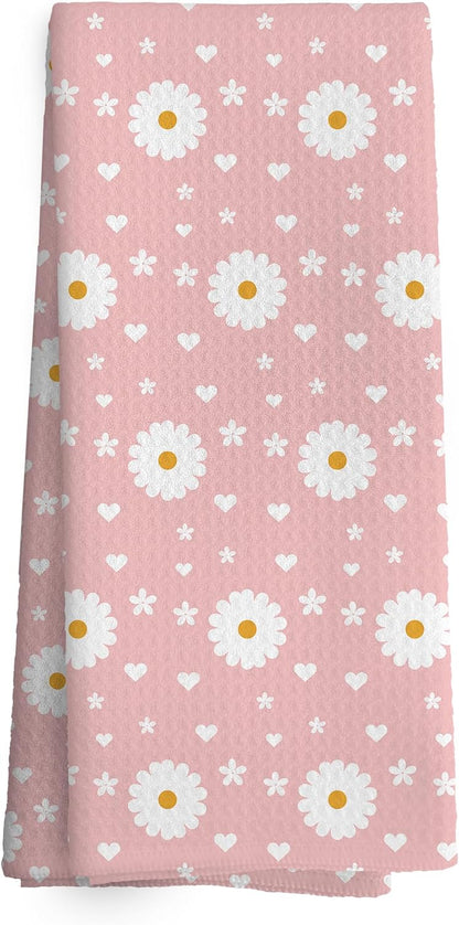 Pink Daisy Kitchen Towels Dish Towel 16x24 Inches, Floral Kitchen Towels, Boho Daisy Flower Spring Floral Decorative Absorbent Dishcloths Tea Towels for Kitchen Bathroom Decor