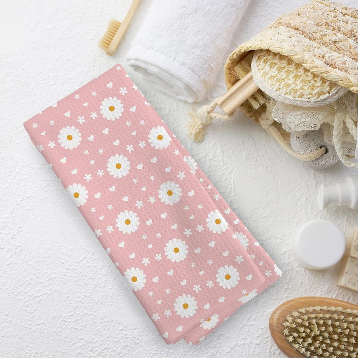 Pink Daisy Kitchen Towels Dish Towel 16x24 Inches, Floral Kitchen Towels, Boho Daisy Flower Spring Floral Decorative Absorbent Dishcloths Tea Towels for Kitchen Bathroom Decor