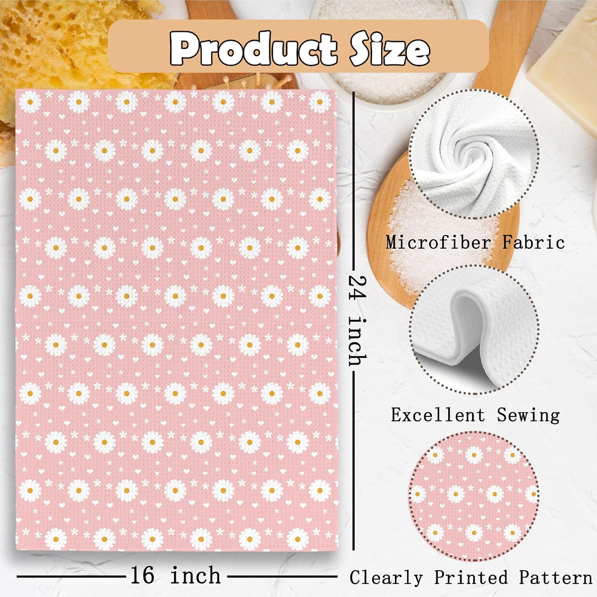 Pink Daisy Kitchen Towels Dish Towel 16x24 Inches, Floral Kitchen Towels, Boho Daisy Flower Spring Floral Decorative Absorbent Dishcloths Tea Towels for Kitchen Bathroom Decor
