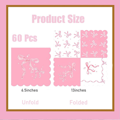 60Pcs Pink Bow Napkins-Coquette Birthday Decorations Bow Birthday Party Pink Bow Theme Table Decoration for Girls Bachelorette Bridal, Baby Shower Party Supplies