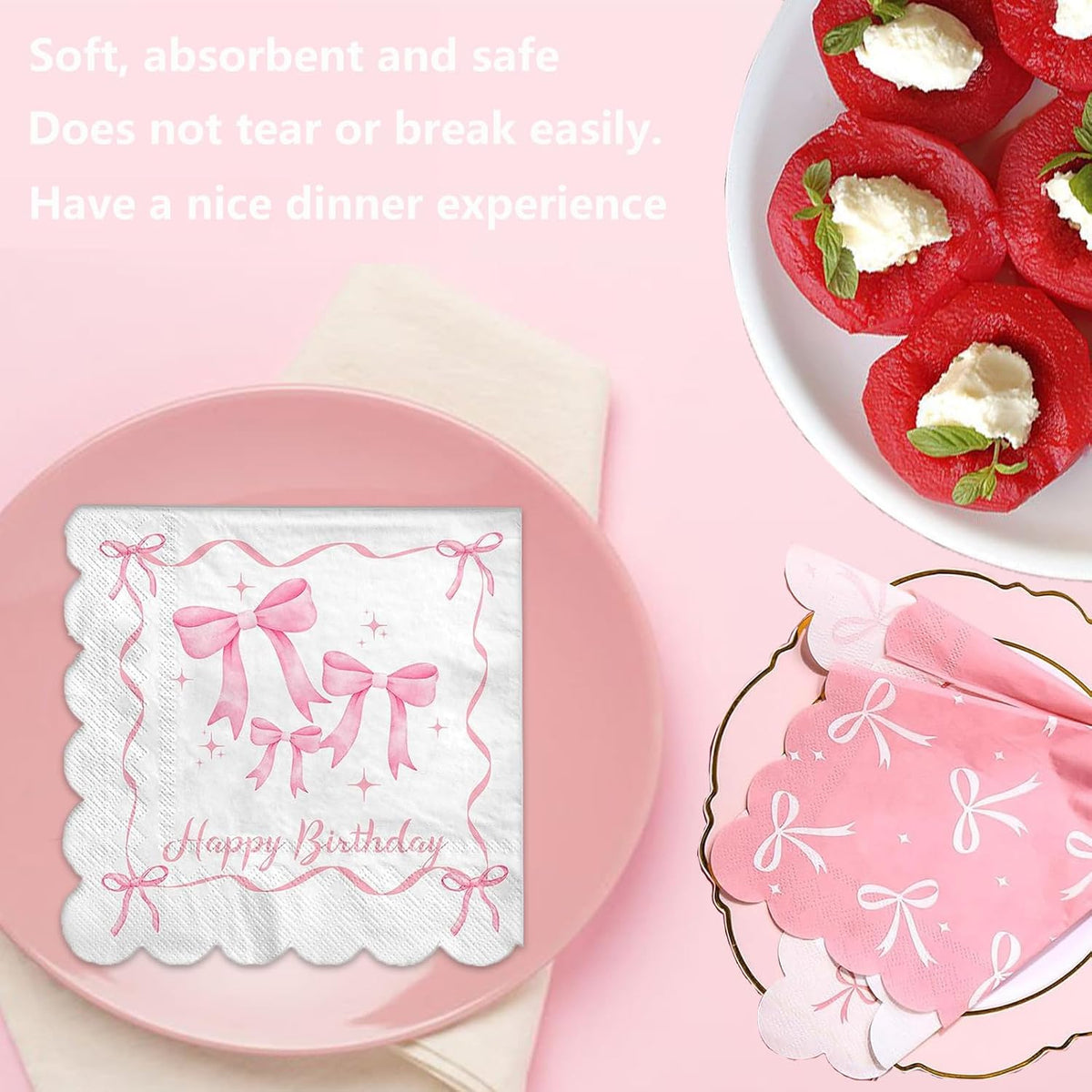 60Pcs Pink Bow Napkins-Coquette Birthday Decorations Bow Birthday Party Pink Bow Theme Table Decoration for Girls Bachelorette Bridal, Baby Shower Party Supplies