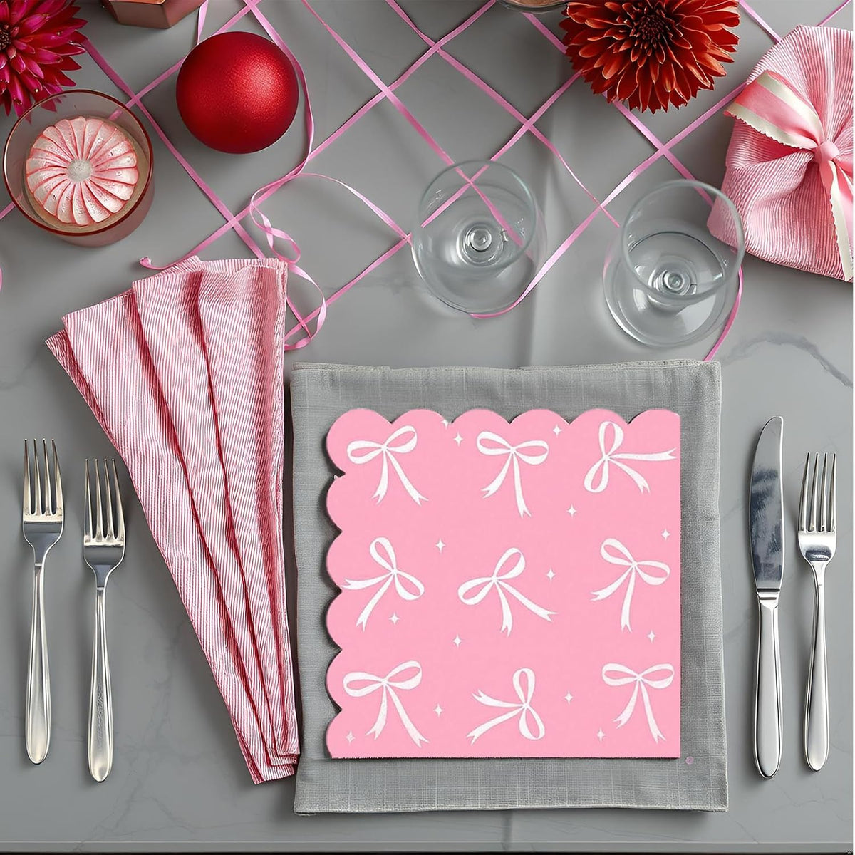 60Pcs Pink Bow Napkins-Coquette Birthday Decorations Bow Birthday Party Pink Bow Theme Table Decoration for Girls Bachelorette Bridal, Baby Shower Party Supplies