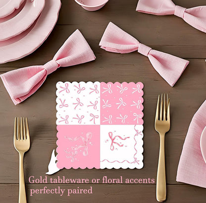 60Pcs Pink Bow Napkins-Coquette Birthday Decorations Bow Birthday Party Pink Bow Theme Table Decoration for Girls Bachelorette Bridal, Baby Shower Party Supplies