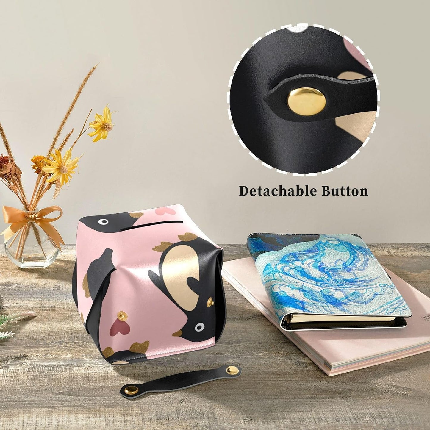 Leather tissue holder Hanging napkin holder for car with Adjustable straps & zipper Reusable auto accessories Penguin Peach Valentine's Day Gold