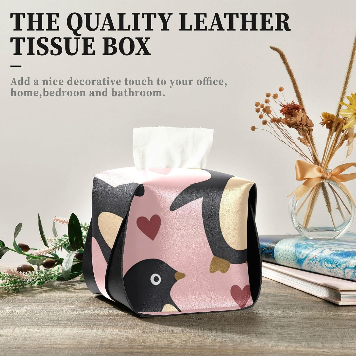 Leather tissue holder Hanging napkin holder for car with Adjustable straps & zipper Reusable auto accessories Penguin Peach Valentine's Day Gold