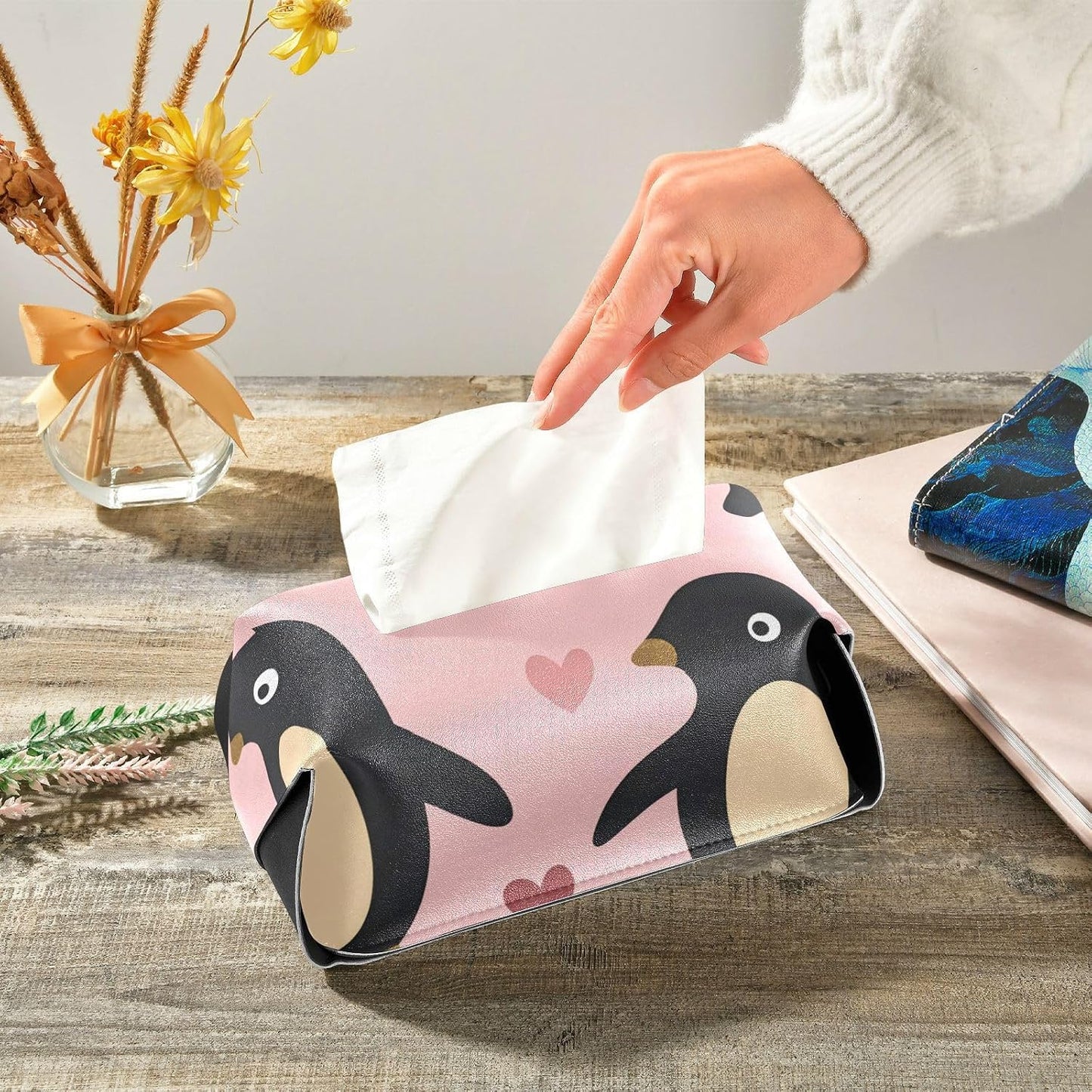 Leather tissue holder Hanging napkin holder for car with Adjustable straps & zipper Reusable auto accessories Penguin Peach Valentine's Day Gold