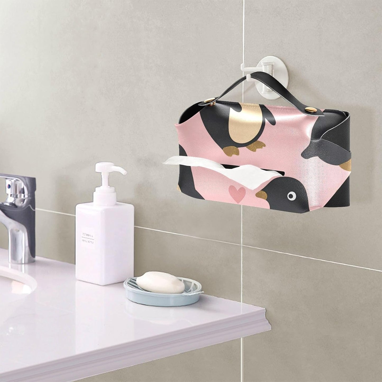 Leather tissue holder Hanging napkin holder for car with Adjustable straps & zipper Reusable auto accessories Penguin Peach Valentine's Day Gold