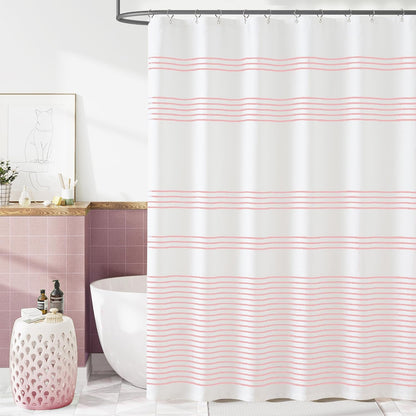 Pink and White Shower Curtain for Bathroom Modern Farmhouse Striped Waterproof Fabric Shower Curtain Set with 12 Hooks Machine Washable 70x72 Inches