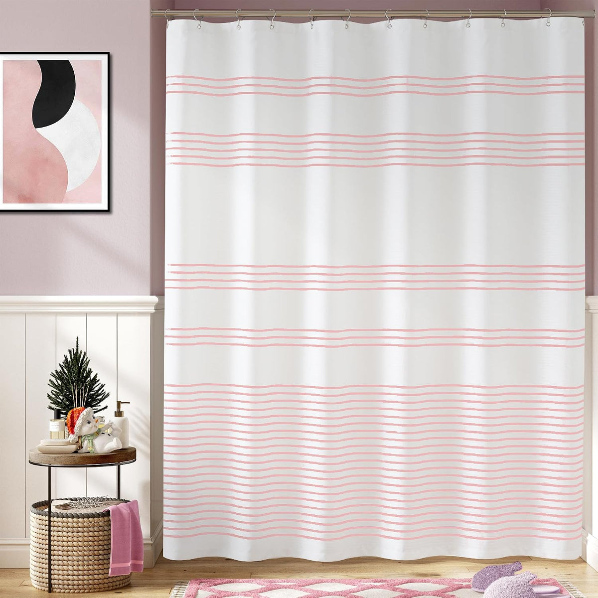 Pink and White Shower Curtain for Bathroom Modern Farmhouse Striped Waterproof Fabric Shower Curtain Set with 12 Hooks Machine Washable 70x72 Inches