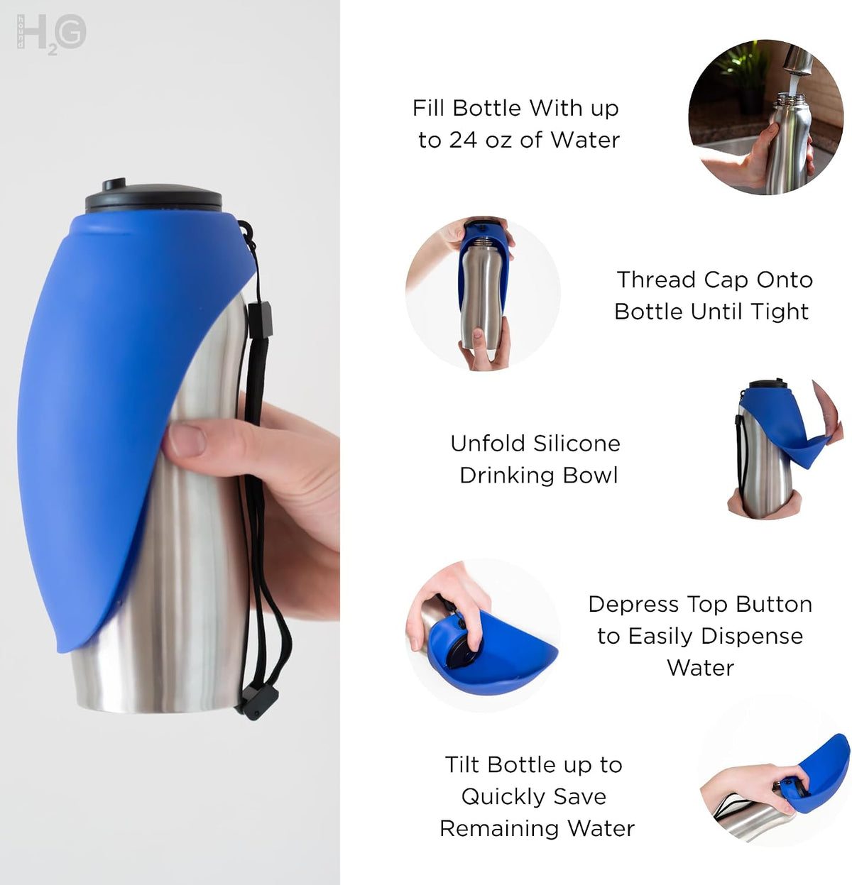 Portable Dog Water Bottle, 24 oz, Stainless Steel, Convenient Pet Water Dispenser, Collapsible Travel Bowl, Walking, Hiking, and Outdoor Activity, Compatible with Various Pets, Houd2Go (Pink, 24oz)