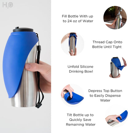 Portable Dog Water Bottle, 24 oz, Stainless Steel, Convenient Pet Water Dispenser, Collapsible Travel Bowl, Walking, Hiking, and Outdoor Activity, Compatible with Various Pets, Houd2Go (Pink, 24oz)