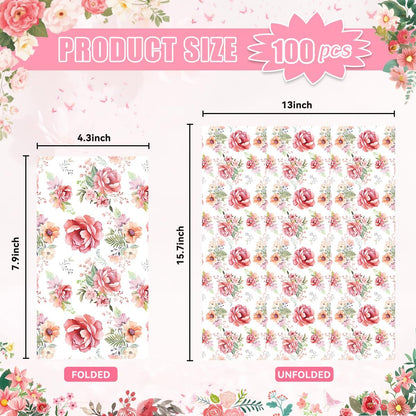 100Pcs Floral Paper Napkins Watercolor Spring Wild Flower Napkin Disposable Guest Bathroom Hand Towels Pink Floral Napkins for Wedding Bridal Baby Shower Tea Party Birthday