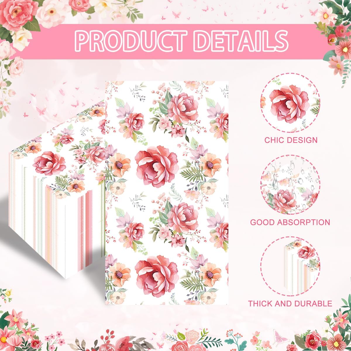100Pcs Floral Paper Napkins Watercolor Spring Wild Flower Napkin Disposable Guest Bathroom Hand Towels Pink Floral Napkins for Wedding Bridal Baby Shower Tea Party Birthday